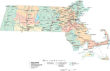 Massachusetts State Map - Multi-Color Cut-Out Style - with Counties, Cities, County Seats, Major Roads, Rivers and Lakes