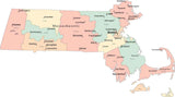 Multi Color Massachusetts Map with Counties, Capitals, and Major Cities