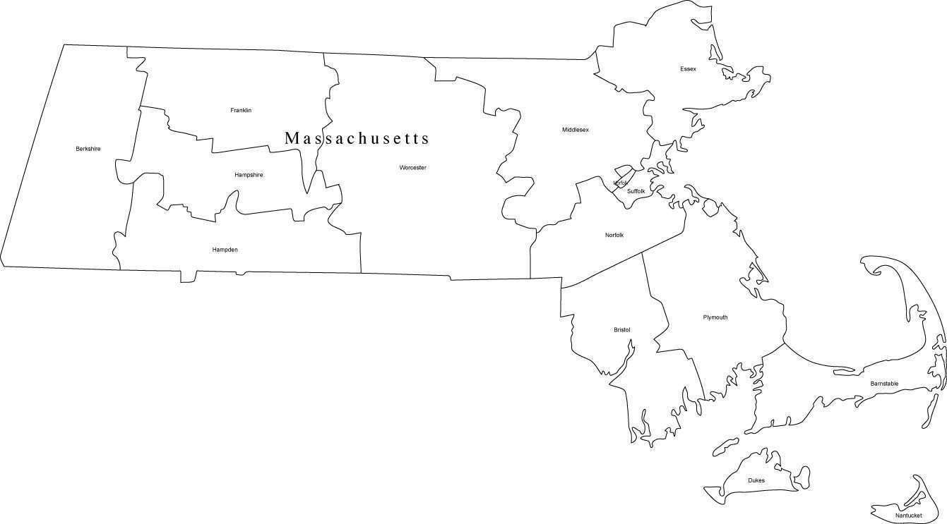 black and white political map of massachusetts