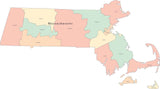 Multi Color Massachusetts Map with Counties and County Names