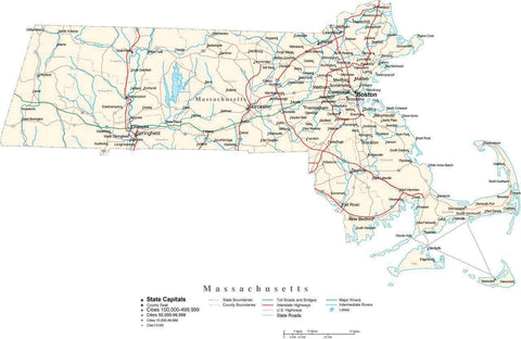 Massachusetts Map - Cut Out Style - with Capital, County Boundaries, Cities, Roads, and Water Features