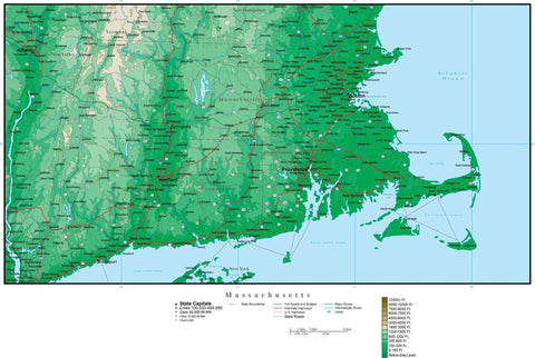 Massachusetts Map with Contour Background