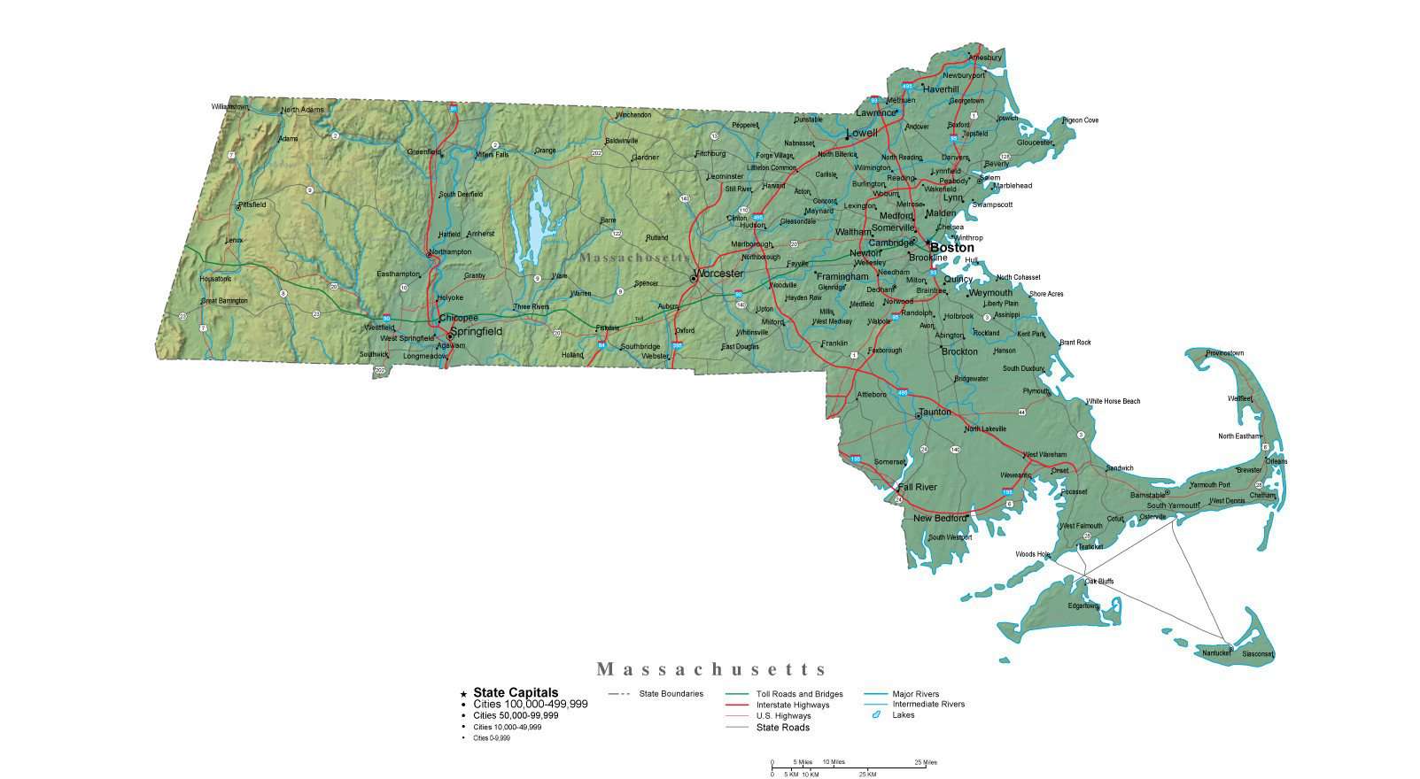 Massachusetts Illustrator Vector Map with Cities, Roads and Photoshop Terrain Image massachusetts-illustrator-vector-map-with-cities-roads-and-photoshop-terrain-image