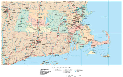 Massachusetts Map with Counties, Cities, County Seats, Major Roads, Rivers and Lakes