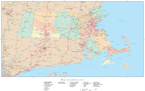 Detailed Massachusetts Digital Map with Counties, Cities, Highways, Railroads, Airports, and more