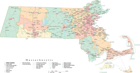 Detailed Massachusetts Cut-Out Style Digital Map with Counties, Cities, Highways, and more