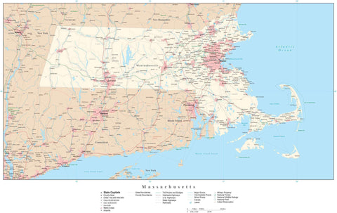 Detailed Massachusetts Digital Map with County Boundaries, Cities, Highways, and more