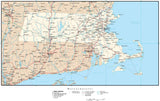 Massachusetts Map with Capital, County Boundaries, Cities, Roads, and Water Features