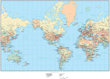 World Map - America Centered - with Countries, Capitals, Cities, US States, Canadian Provinces, and Roads
