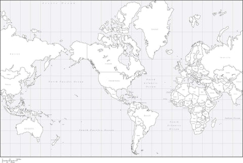 Digital World Map with Countries - US Centered - Black & White