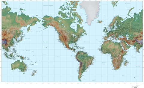 35 x 22 Inch Poster Size World Map - America Centered - High Detail plus Color Terrain - Mercator projection
