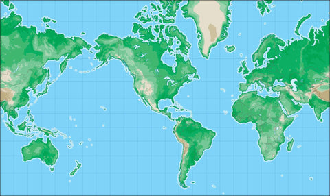 World Map with Land Contours - Americas Centered