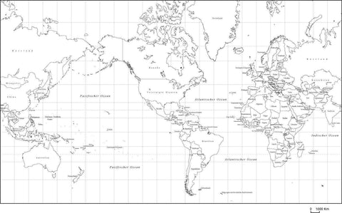Black & White World Map with Country Names in German