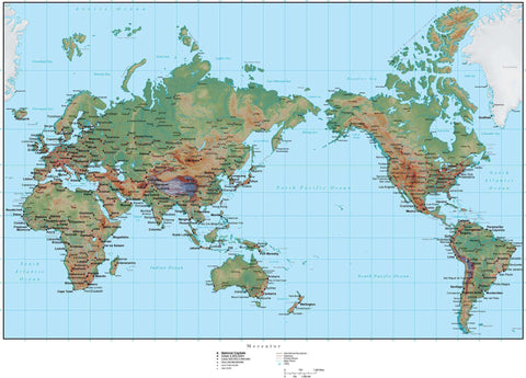 World Map Plus Terrain - Asia Centered Mercator Projection