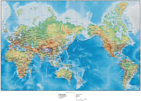 World Map with Terrain - Mercator Projection - 11x17