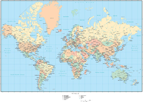 World Map in JPEG or Adobe Illustrator Vector Format - with Countries, US States, Canadian Provinces, Capital and Major Cities, and Roads - Europe / Africa Centered