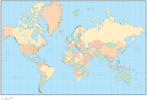 World Map - Multi Color with Countries, US States, and Canadian Provinces