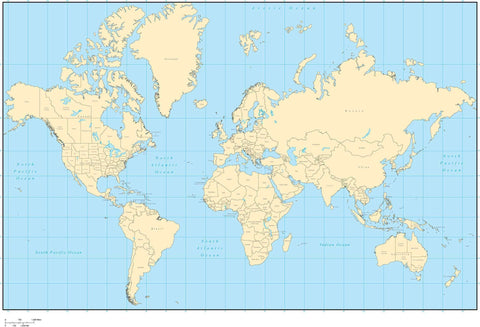 Single Color World Map with Countries  US States  and Canadian Provinces