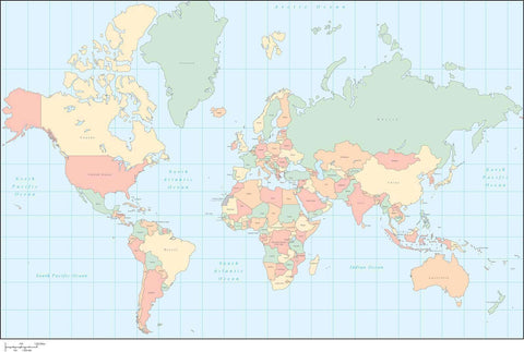 Digital World Map with Countries in the Mercator Projection - Multi-Color
