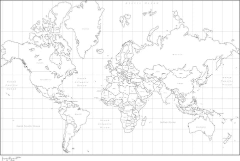 Digital World Mercator Projection World Map with Countries - Black & White