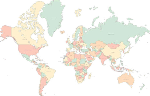 Digital World Map with Countries - Multi Color, Europe Centered