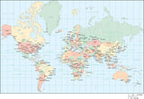 World Map - Multi Color Europe Center with Countries, Capitals, Major Cities and Water Features