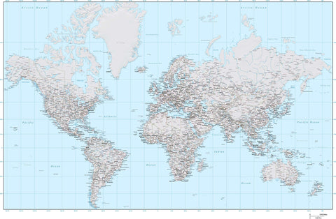 35 x 22 Inch Poster Size World Map - High Detail plus Grayscale Terrain - Europe Centered