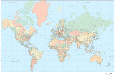 55 x 35 Inch World Map with US States and Canadian Provinces - Small Text Size