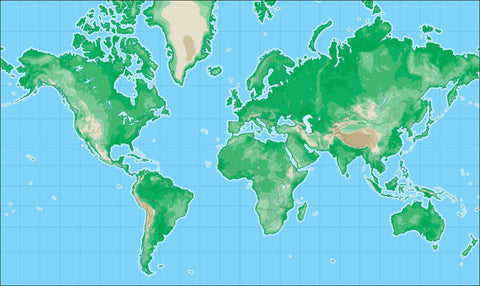 World Map with Land Contours - Europe and Africa Centered