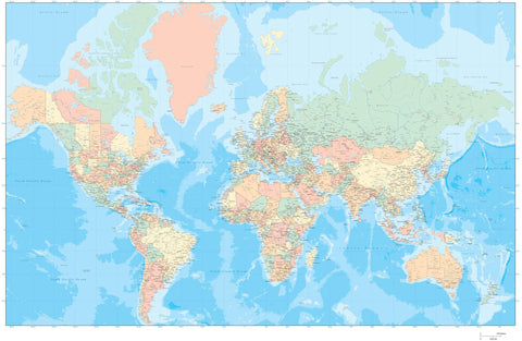 55 x 35 Inch Poster Size World Map - Mercator Projection with Ocean Floor Contours