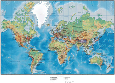 World Map with Land and Ocean Floor Terrain - Mercator Projection