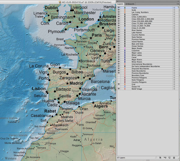 World Digital Terrain Map - Mercator Projection, Europe Centered