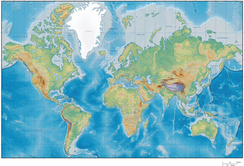 Digital Terrain World Map - Mercator Projection with Country Borders and Names in Adobe Illustrator format MC-EUR-955566