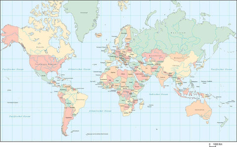 World Map - Multi Color with Country Names in German