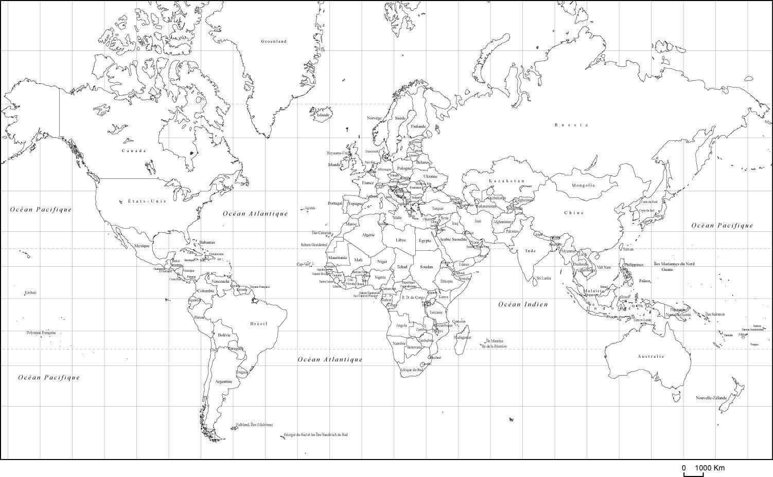 World Black & White Map With Country Names In French