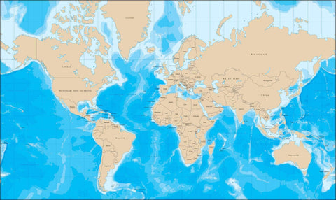 World Map with Political Boundaries and Contours in the Water with Country Names in Dutch