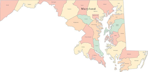 Multi Color Maryland Map with Counties and County Names