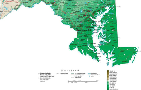 Maryland Map  with Contour Background - Cut Out Style