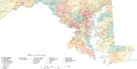 Detailed Maryland Cut-Out Style Digital Map with Counties, Cities, Highways, and more