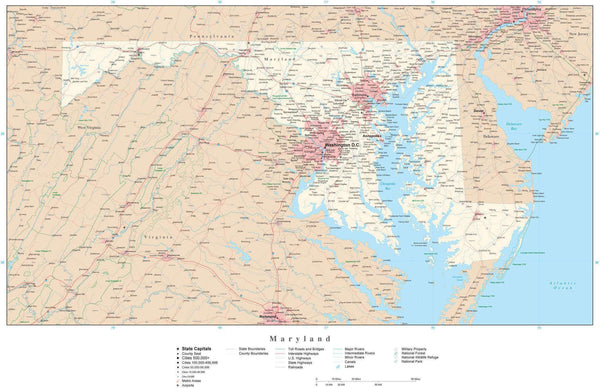Maryland Detailed Map in Adobe Illustrator vector format. Detailed ...