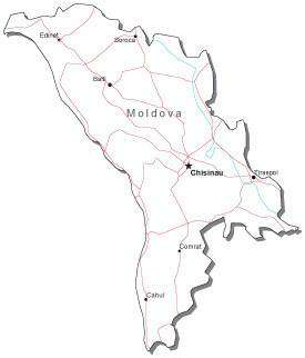 Moldova Black & White Map with Capital, Major Cities, Roads, and Water Features