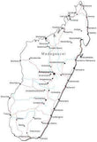 Madagascar Black & White Map with Capital, Major Cities, Roads, and Water Features