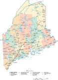Maine State Map - Multi-Color Cut-Out Style - with Counties, Cities, County Seats, Major Roads, Rivers and Lakes