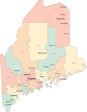 Multi Color Maine Map with Counties, Capitals, and Major Cities