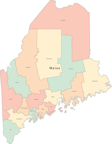 Multi Color Maine Map with Counties and County Names