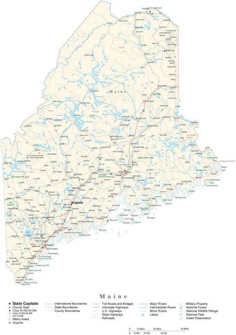 Detailed Maine Cut-Out Style Digital Map with County Boundaries, Cities, Highways, and more