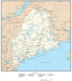 Maine Map with Capital, County Boundaries, Cities, Roads, and Water Features