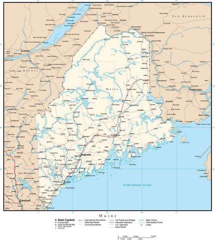 Maine Map with Capital, County Boundaries, Cities, Roads, and Water Features
