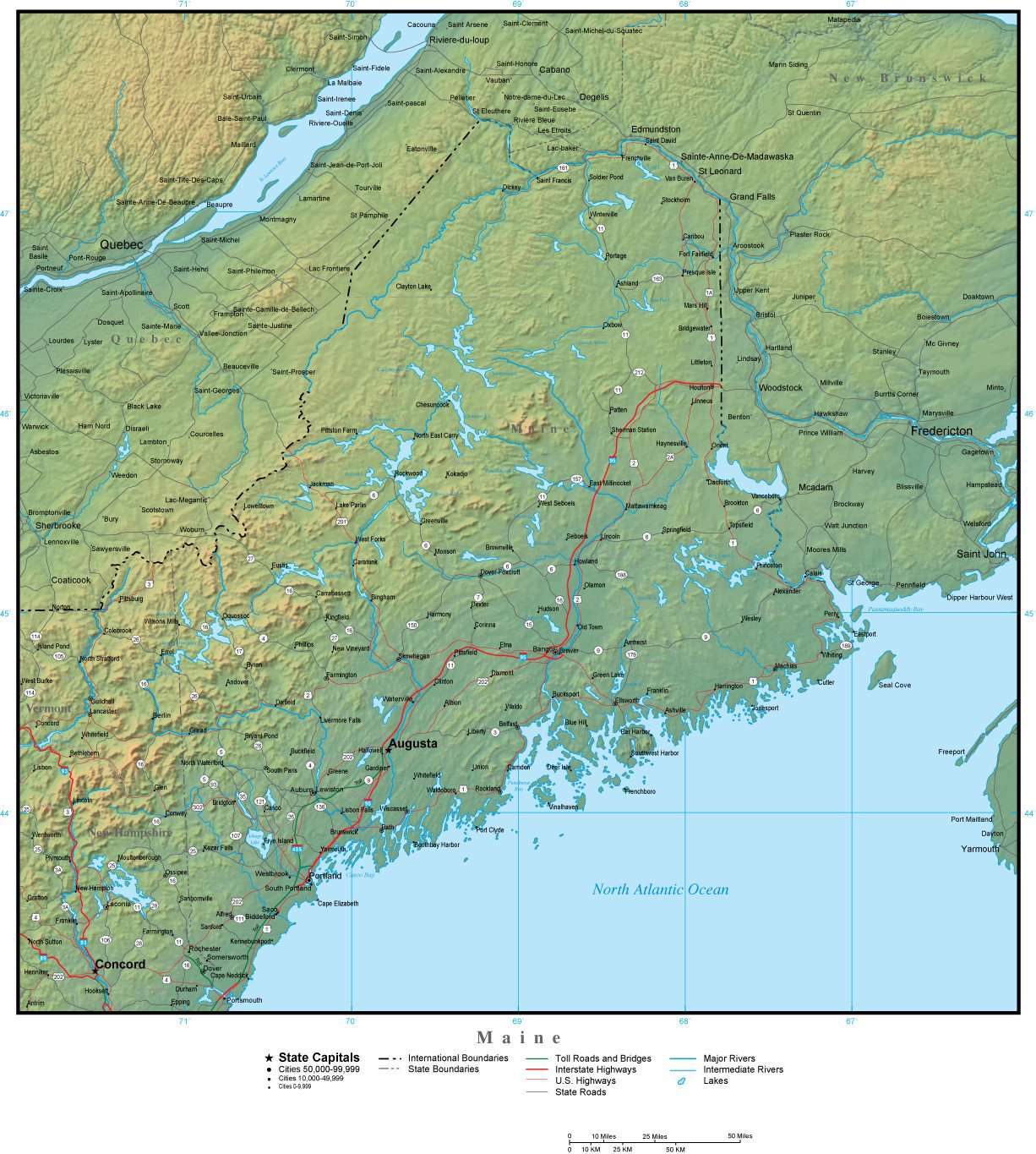 Me Line Map Maine State Map Plus Terrain with Cities & Roads