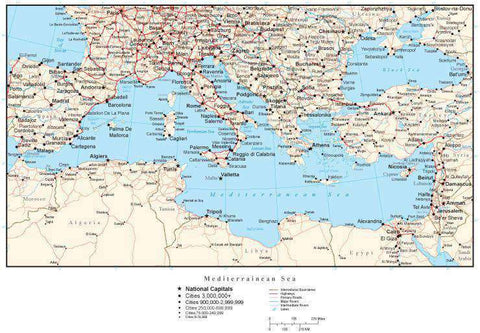 Mediterranean Map with Country Boundaries, Cities, and Roads